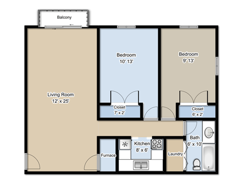 Floor plan for 2 beds, 1 bath, 880 sqft